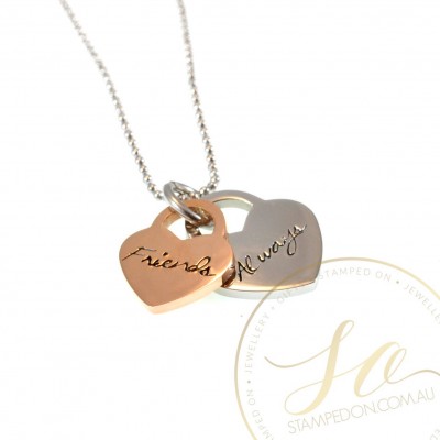 Locked Heart Duo Personalised Hand Stamped Pendant - Stainless Steel Silver, Gold, Rose Gold