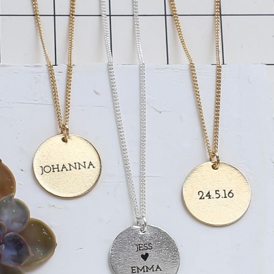 Long Custom Engraved Disc Necklace, Long Monogram Necklace, Personalized Disc Necklace, Long Name Necklace, Initial Necklace, Gold Monogram