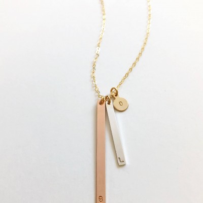 Long Gold Necklace, Long Gold Initial Necklace, Personalized Gold Necklace, Gold Bar Necklace, Mixed Metal Necklace, Vertical Bar Necklace