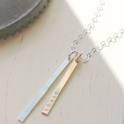 Long Vertical Two Bar Necklace with names, personalized gift for mom, silver and gold filled, skinny long bar necklace, two kids necklace