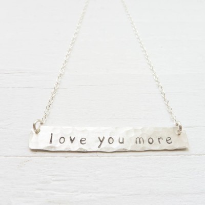 Love You More Necklace Sterling Silver Hammered Bar Pendant Gift for Mother's Day