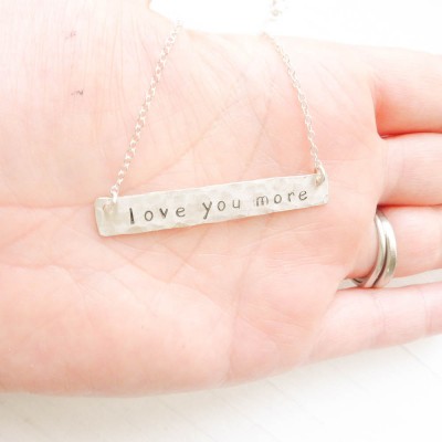 Love You More Necklace Sterling Silver Hammered Bar Pendant Gift for Mother's Day