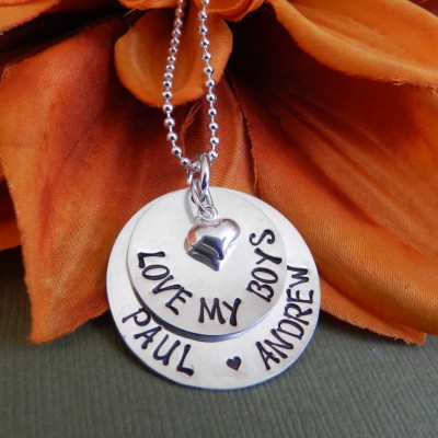 Love my boys necklace Mothers day gift, Mothers day necklace mom of boys Gift from son Sterling silver Hand stamped, Mothers necklace twins