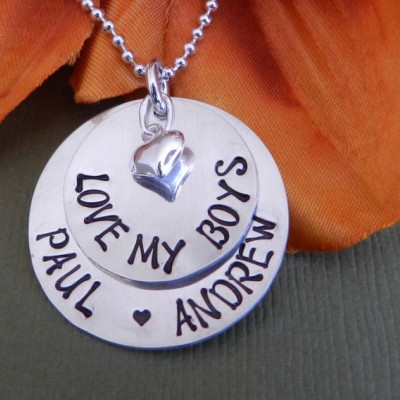 Love my boys necklace Mothers day gift, Mothers day necklace mom of boys Gift from son Sterling silver Hand stamped, Mothers necklace twins