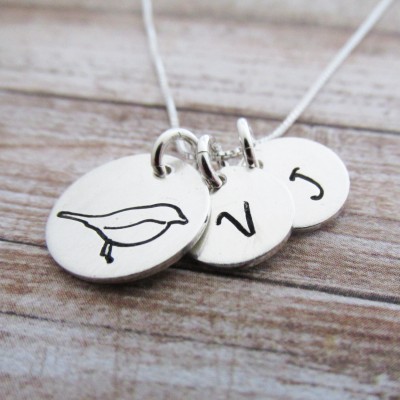 MaMa Bird Charm Necklace, Two Initials, Hand Stamped Personalized Jewelry