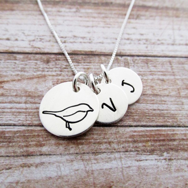 MaMa Bird Charm Necklace, Two Initials, Hand Stamped Personalized Jewelry