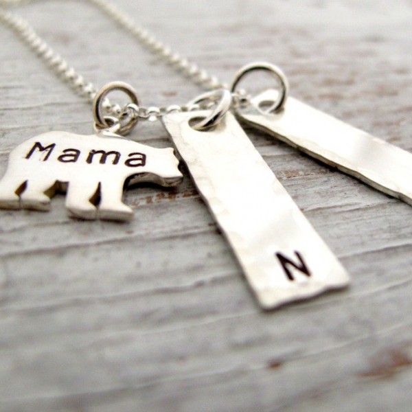 Mama Bear Sterling Silver Hand Stamped Necklace, Kids Name Necklace, Mother's Necklace, 2 kids names, 3 kids names, Christmas Gift