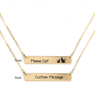 Mama cat and kitten engraved Gold filled /Sterling Silver Bar Necklace Personalized Name ID/ Customized text message Necklace/cat lovers