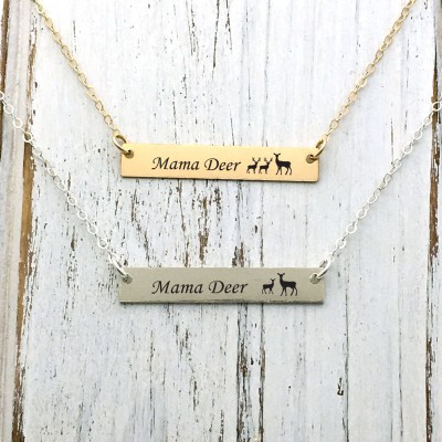 Mama deer and custom message on the back/Gold filled /Sterling Silver Bar Necklace Personalized Name ID/ Customized text message Necklace