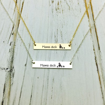 Mama duck Necklace/ Mama duck engraving Gold filled and Sterling Silver Bar/ Necklace Personalized Name/ Customized text message Necklace
