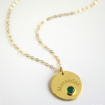 May Birthstone Necklace, Engraved Gemstone Disc Necklace, Personalized Bridesmaid Necklace, Green Onyx Necklace Custom Name Necklace emerald