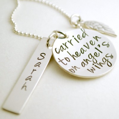 Memorial Necklace Personalized with Custom Name - Angel Wing Charm - Stamped Sterling Silver Bereavement Gift