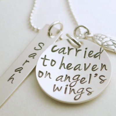 Memorial Necklace Personalized with Custom Name - Angel Wing Charm - Stamped Sterling Silver Bereavement Gift