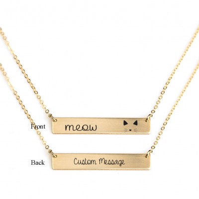 Meow, cat engraved Gold filled/Sterling Silver Bar Necklace/Personalized Name ID / Customized text message Necklace/ cat lover/animal lover