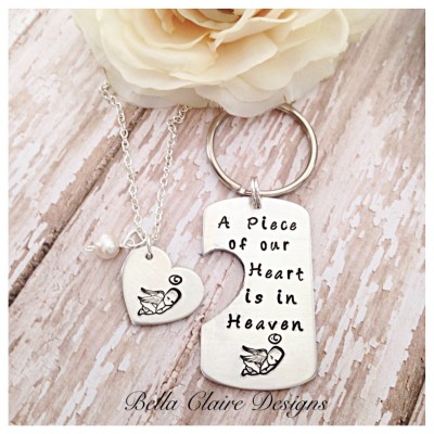 Miscarriage Necklace-Angel Baby-A piece of our heart is in heaven-parents set Hand Stamped Miscarriage-Baby Loss Necklace- Jewlery Miscarria