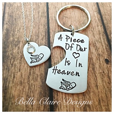 Miscarriage Necklace-Angel Baby-A piece of our heart is in heaven-parents set Hand Stamped Miscarriage-Baby Loss Necklace- Jewlery Miscarria