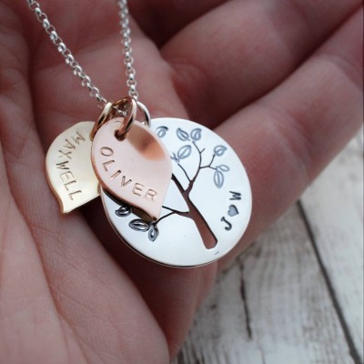 Mixed Metal Family Tree Necklace - Hand Pierced Design with Leaves, Initials, and Children's Names in Sterling Silver and Gold Filled