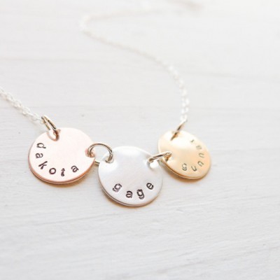Mixed Metal Mom Necklace - Personalized Name Medallions Gold Silver Rose Gold Jewelry Mothers Necklace 3 Linked Circles