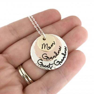 Mom Grandma Great Grandma - Mixed Metal Mother Keepsake - Rose Gold Sterling Silver - Hand Stamped Jewelry - Personalized Engraved Jewelry