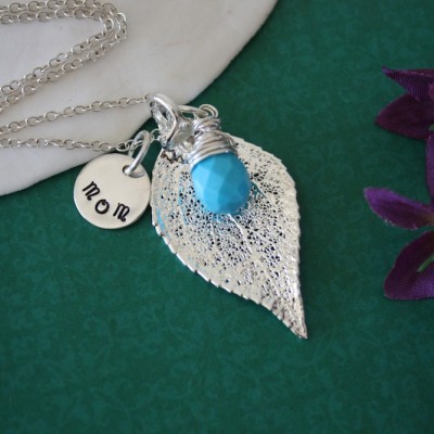 Mom Leaf Necklace Personalized, Real Leaf, Turquoise Gemstone, Birthstone, Sterling Silver, Evergreen Leaf, Monogram Necklace