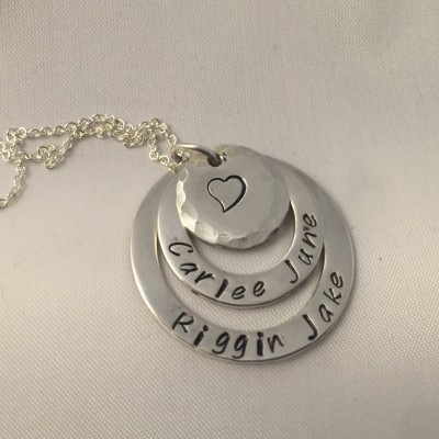 Mom/Kids' Name/Engraved Necklace - Personalized Sterling Silver Washer Disc with Names