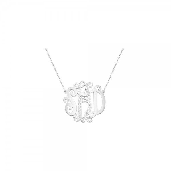Mono06 Personalized Sterling Silver 1.5" Three Initial with 20 Cubic Zircons Monogram Necklace