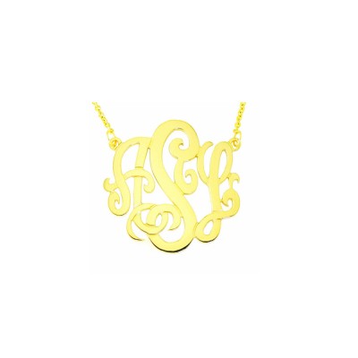 Mono08A Personalized Sterling Silver with Yellow Plate 1-1/4 Inch Monogram Necklace