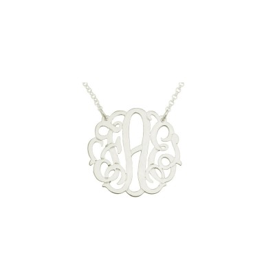 Mono133w - White Rhodium Plated 1" Sterling Silver Curly Monogram Necklace