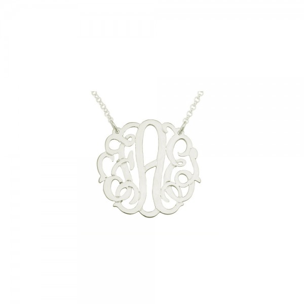 Mono133w - White Rhodium Plated 1" Sterling Silver Curly Monogram Necklace