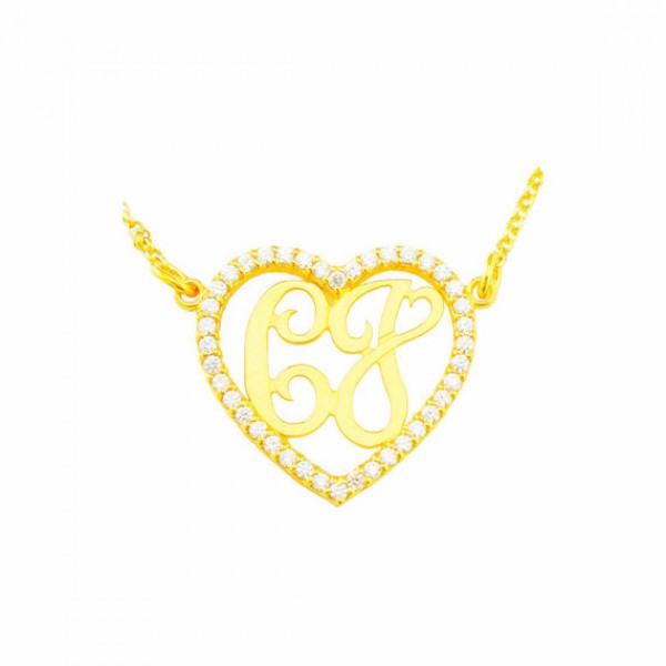Mono201 - Yellow gold plated 7/8" Sterling Silver w/ 40 Swarovski Cubic Zirconia Heart Monogram Necklace
