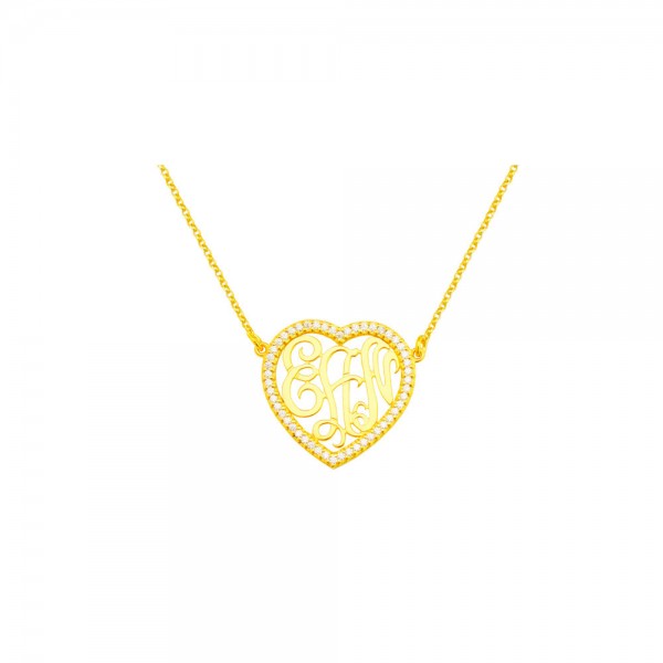 Mono204 Yellow gold plated (27x28mm) Sterling Silver w/ 50 Swarovski Cubic Zirconia Heart Monogram Necklace