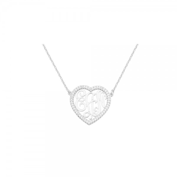 Mono205 - White Rhodium Plated (27 X 28mm) Sterling Silver w/ 50 Swarovski Cubic Zirconia Heart Monogram Necklace