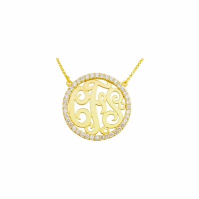 Mono207 - Yellow Plated  1-3/8" Sterling Silver w/ 40 Swarovski Cubic Zirconia stones Monogram Necklace