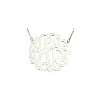Mono302 - Rhodium Plated 1" Sterling Silver Brush Finished Monogram Necklace
