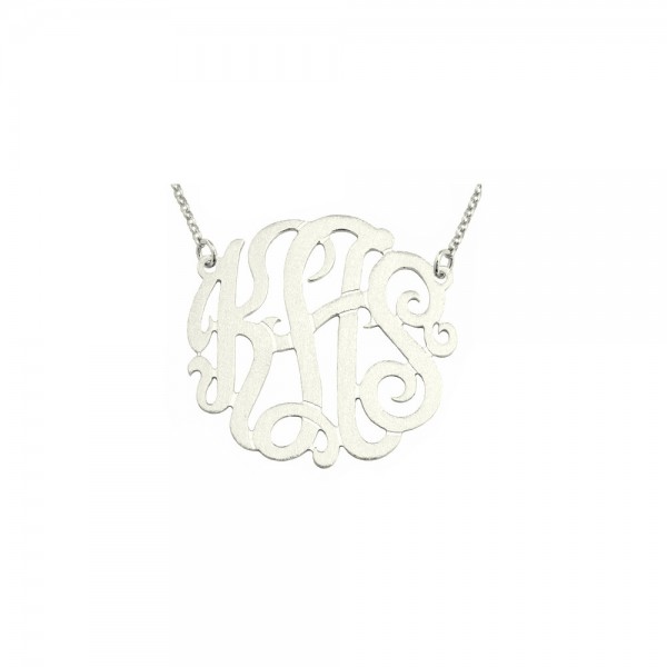 Mono302 - Rhodium Plated 1" Sterling Silver Brush Finished Monogram Necklace