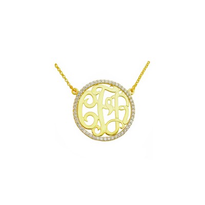 Mono82 - Yellow gold plated 1-1/8" Sterling Silver w/ 50 Swarovski Cubic Zirconia Monogram Necklace