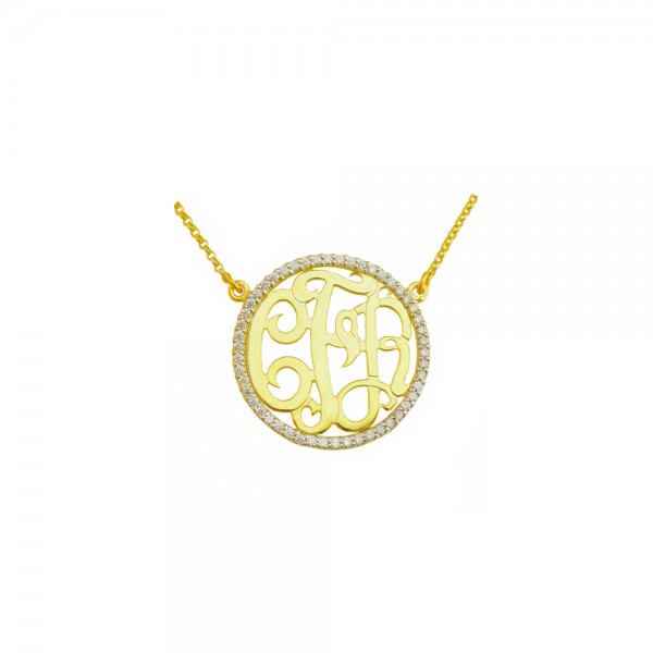 Mono82 - Yellow gold plated 1-1/8" Sterling Silver w/ 50 Swarovski Cubic Zirconia Monogram Necklace