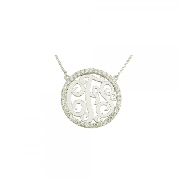 Mono83 Rhodium Plated 29mm Sterling Silver w/ 50 Swarovski Cubic Zirconia Monogram Necklace