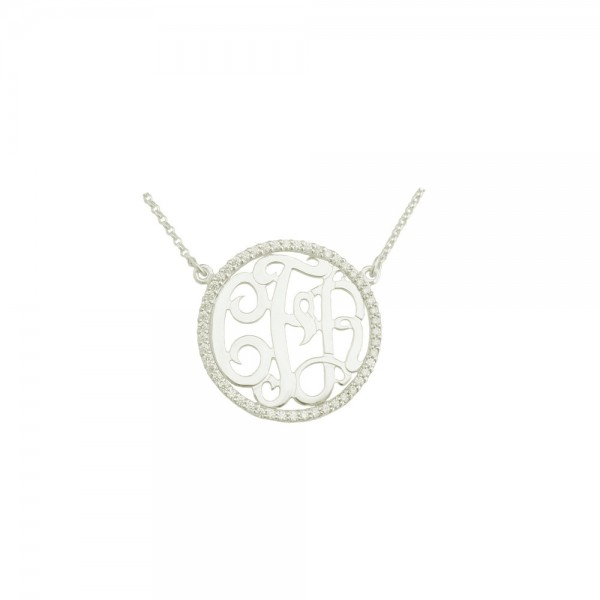 Mono84 1-1/8" Sterling Silver w/ 50 Swarovski Cubic Zirconia Monogram Necklace