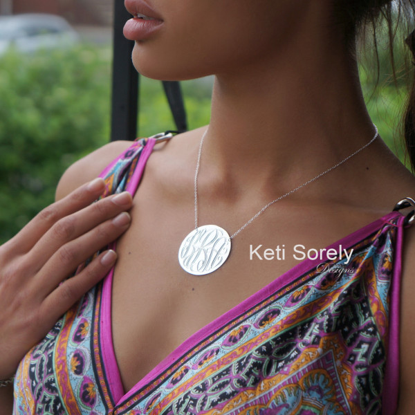 Monogram Initials Disc In Sterling Silver - Monogrammed Disc Necklace Small to Large Sizes (Order Any Initials) - Sterling Silver