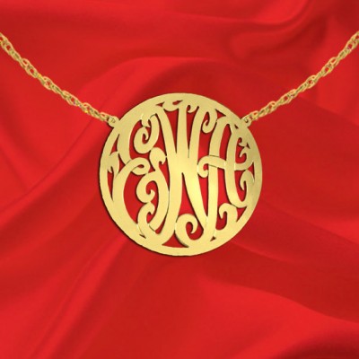 Monogram Necklace - 1.25 inch 24K Gold Plated  Silver Handcrafted Initial Necklace - Circle Border Monogram Necklace - Made in USA