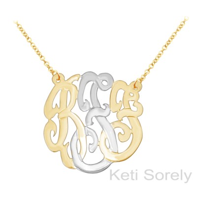 Monogram Necklace - Personalized Initials Necklace in Two Tone (Order Any Initials) Yellow Gold or Rose Gold With Platinum Middle Initial