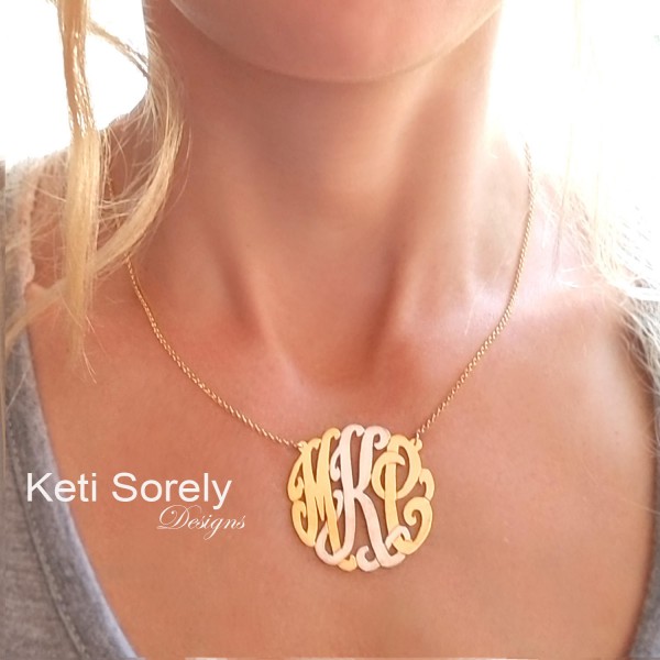 Monogram Necklace - Personalized Initials Necklace in Two Tone (Order Any Initials) Yellow Gold or Rose Gold With Platinum Middle Initial