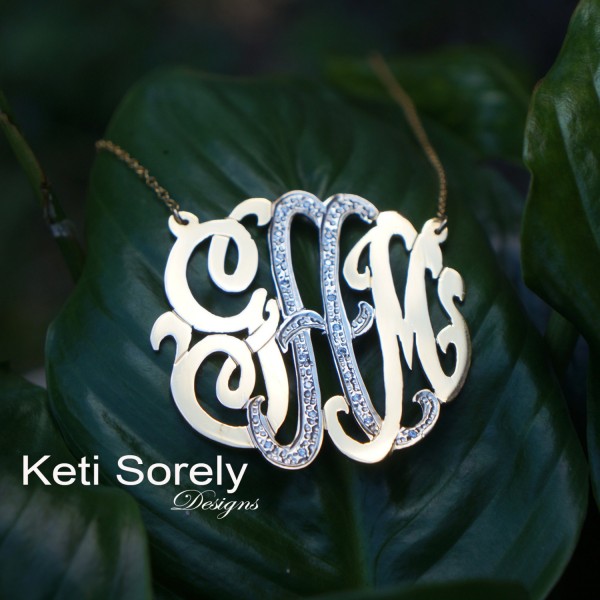 Monogram Necklace With CZ Stones - Personalized Two Tone Initials (Order Any Initials)  24k Gold, Sterling Silver & Platinum