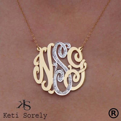 Monogram Necklace With CZ Stones - Personalized Two Tone Initials (Order Any Initials)  24k Gold, Sterling Silver & Platinum