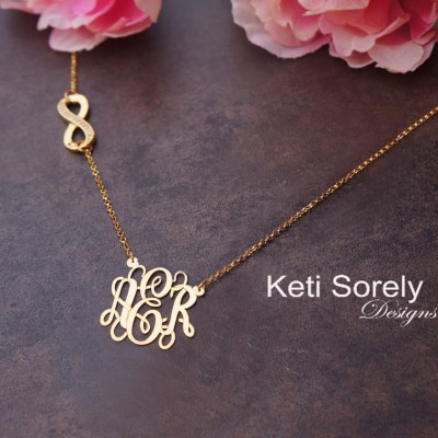 Monogram Necklace With Infinity Charm - Sideways Infinity Charm with CZ Stones (Order Any Initials) - Sterling Silver or Yellow Gold Overlay