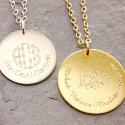Monogram Necklace, family name necklace, family necklace, monogram pendant, double sided engraving, grandma necklace, gold disc, N17