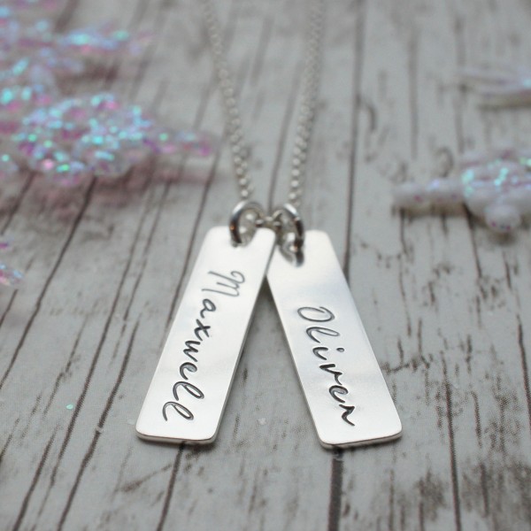 Mother's Baby Name Necklace - TWO Personalized Name Charms in Sterling Silver - Rectangular Necklace for Mom