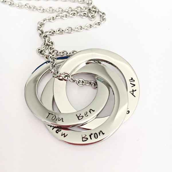 Mothers Day Jewelry, Russian Rings Necklace, Joined Rings Necklace, Hand Stamped Jewelry, Personalized Necklace For Mom, Connecting Rings