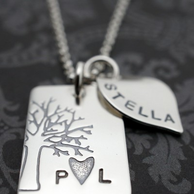 Mother's Family Tree - Personalized Under the Oak Tree Necklace w/ Small Leaf Charm - Sterling Silver Jewelry by Eclectic Wendy Designs